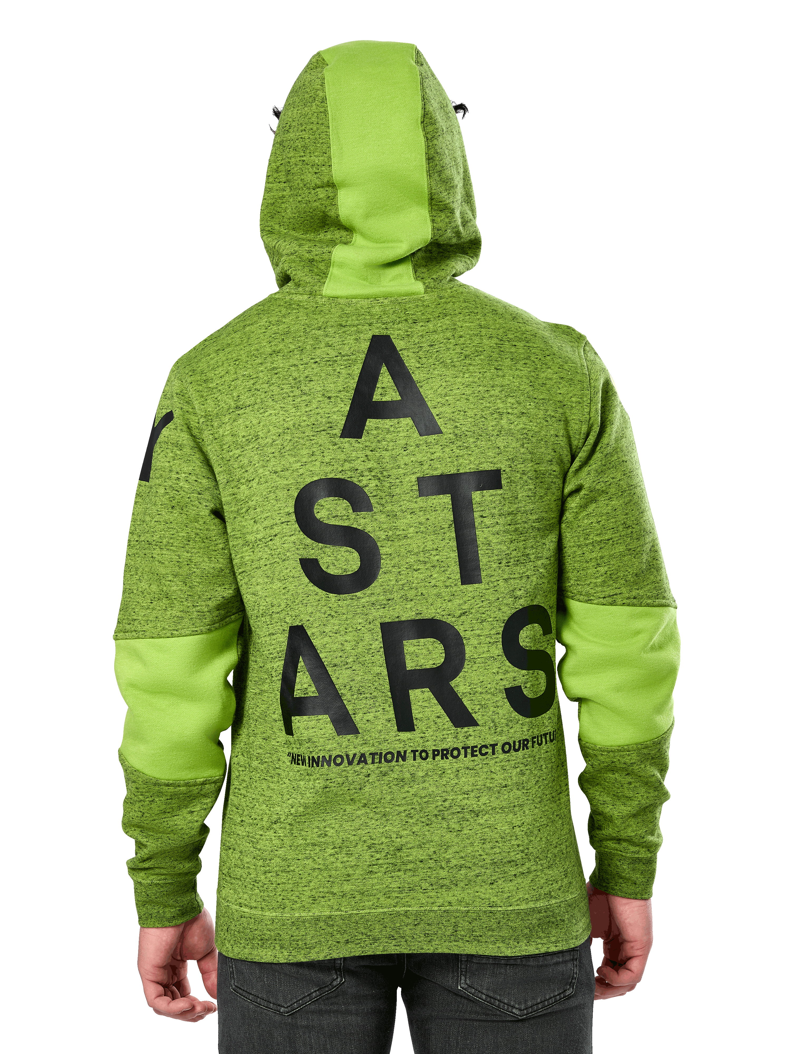Alpinestars Perpetuate Hoodie, sedd bakifrån, limegrön melerad fleece med enfärgade gröna tygpaneler på huva och ärmar, stor svart ASTARS-grafik på ryggen, avslappnad motorsport-inspirerad streetwear