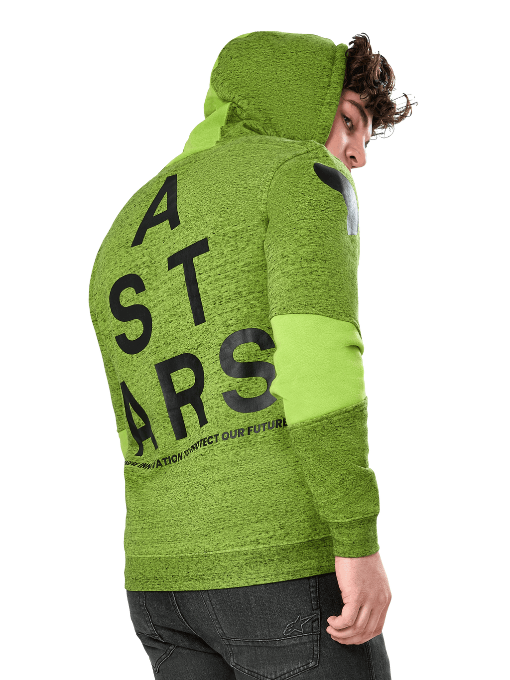 Alpinestars Perpetuate Hoodie, sportig hoodie, melerad limegrön fleece, vy bakifrån med stor svart vertikal ASTARS-grafik på ryggen och logotyp på axeln, tygpaneler på ärmarna, huva med dragsko, modernt motorsport-inspirerat streetwear