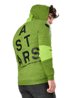 Alpinestars Perpetuate Hoodie, sportig hoodie, melerad limegrön fleece, vy bakifrån med stor svart vertikal ASTARS-grafik på ryggen och logotyp på axeln, tygpaneler på ärmarna, huva med dragsko, modernt motorsport-inspirerat streetwear