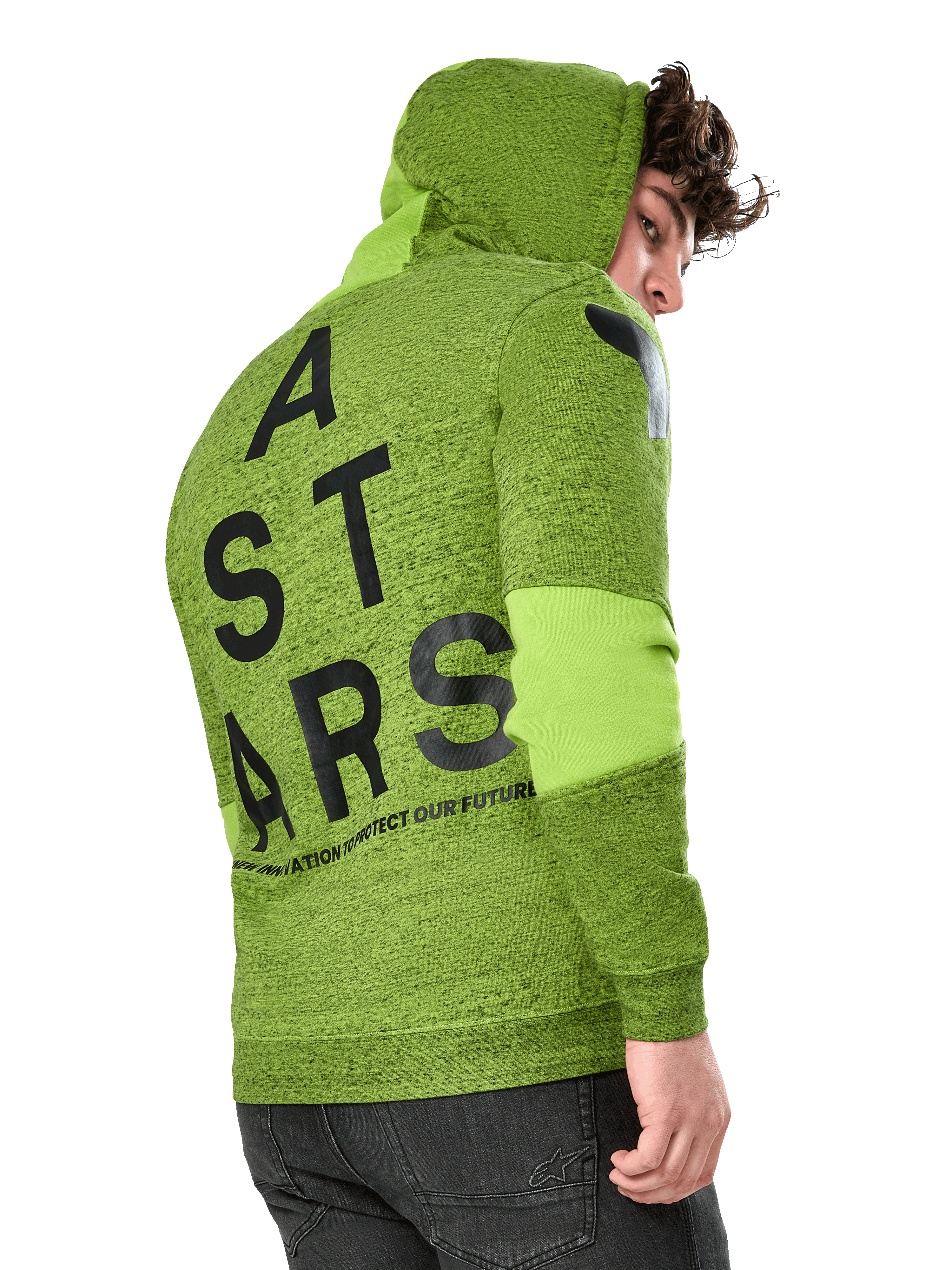 Alpinestars Perpetuate Hoodie, sportig hoodie, melerad limegrön fleece, vy bakifrån med stor svart vertikal ASTARS-grafik på ryggen och logotyp på axeln, tygpaneler på ärmarna, huva med dragsko, modernt motorsport-inspirerat streetwear