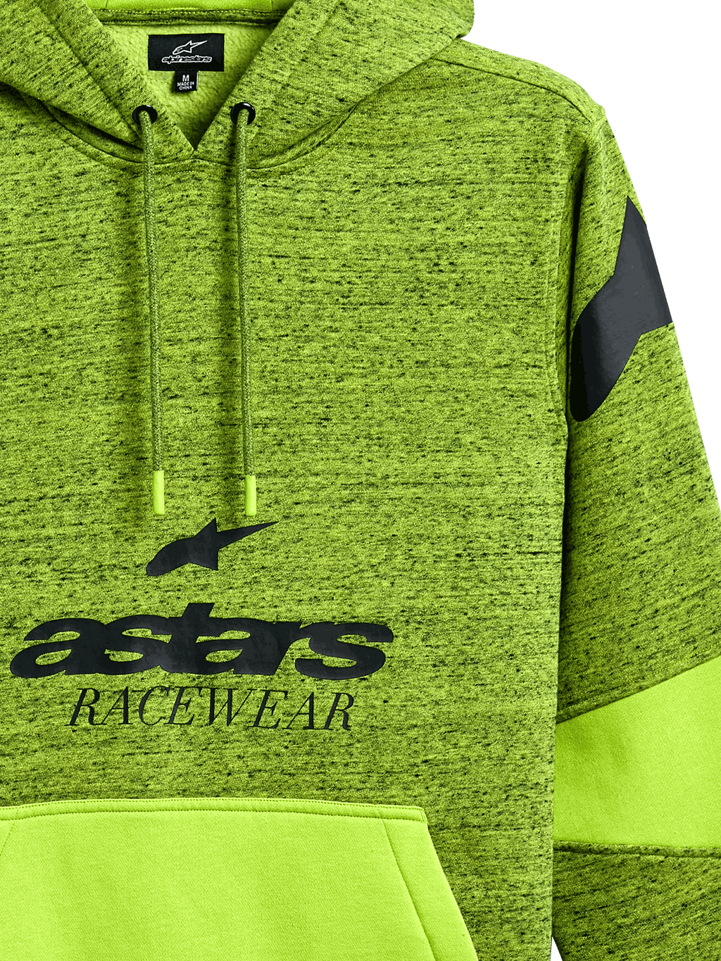 Alpinestars Perpetuate Hoodie, limegrön melerad huvtröja med svart 'astars RACEWEAR'-grafik, enfärgad limegrön känguruficka med tygpaneler, huva med dragsko och logotyp på axeln, avslappnade motorsportinspirerade sportkläder.