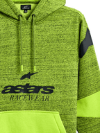 Alpinestars Perpetuate Hoodie, limegrön melerad huvtröja med svart 'astars RACEWEAR'-grafik, enfärgad limegrön känguruficka med tygpaneler, huva med dragsko och logotyp på axeln, avslappnade motorsportinspirerade sportkläder.
