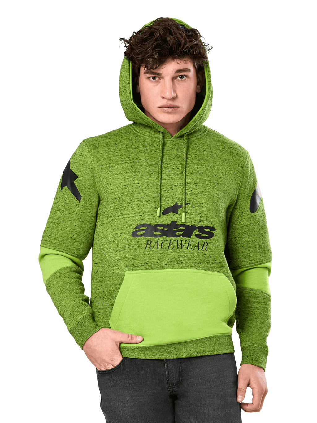 Alpinestars Perpetuate Hoodie, melerad grön och limegrön huvtröja för herr, klar limegrön färgblockering på kängurufickan och ärmarna, svart 'astars RACEWEAR'-grafik på bröstet och stjärnlogotyper på axlarna, casual motorsport-streetwear