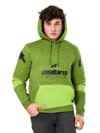 Alpinestars Perpetuate Hoodie, melerad grön och limegrön huvtröja för herr, klar limegrön färgblockering på kängurufickan och ärmarna, svart 'astars RACEWEAR'-grafik på bröstet och stjärnlogotyper på axlarna, casual motorsport-streetwear
