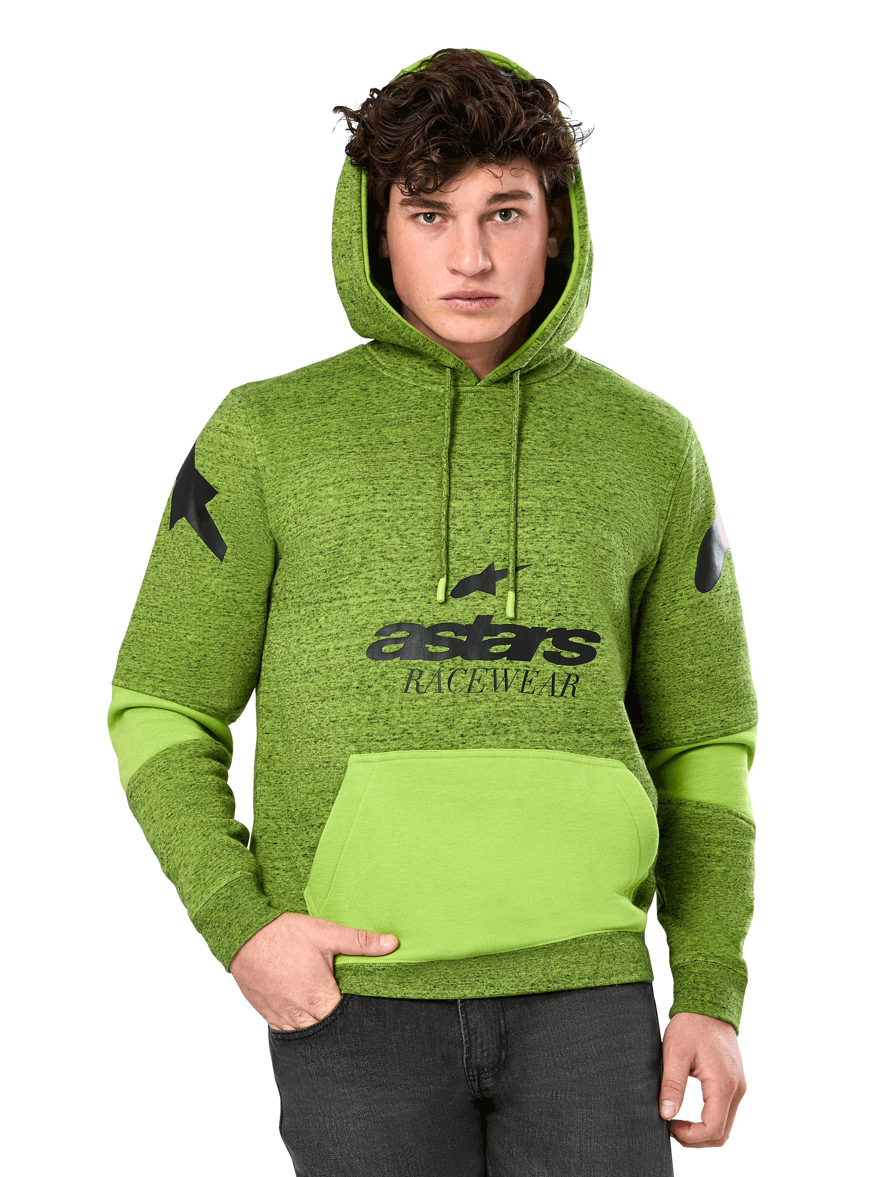Alpinestars Perpetuate Hoodie, melerad grön och limegrön huvtröja för herr, klar limegrön färgblockering på kängurufickan och ärmarna, svart 'astars RACEWEAR'-grafik på bröstet och stjärnlogotyper på axlarna, casual motorsport-streetwear