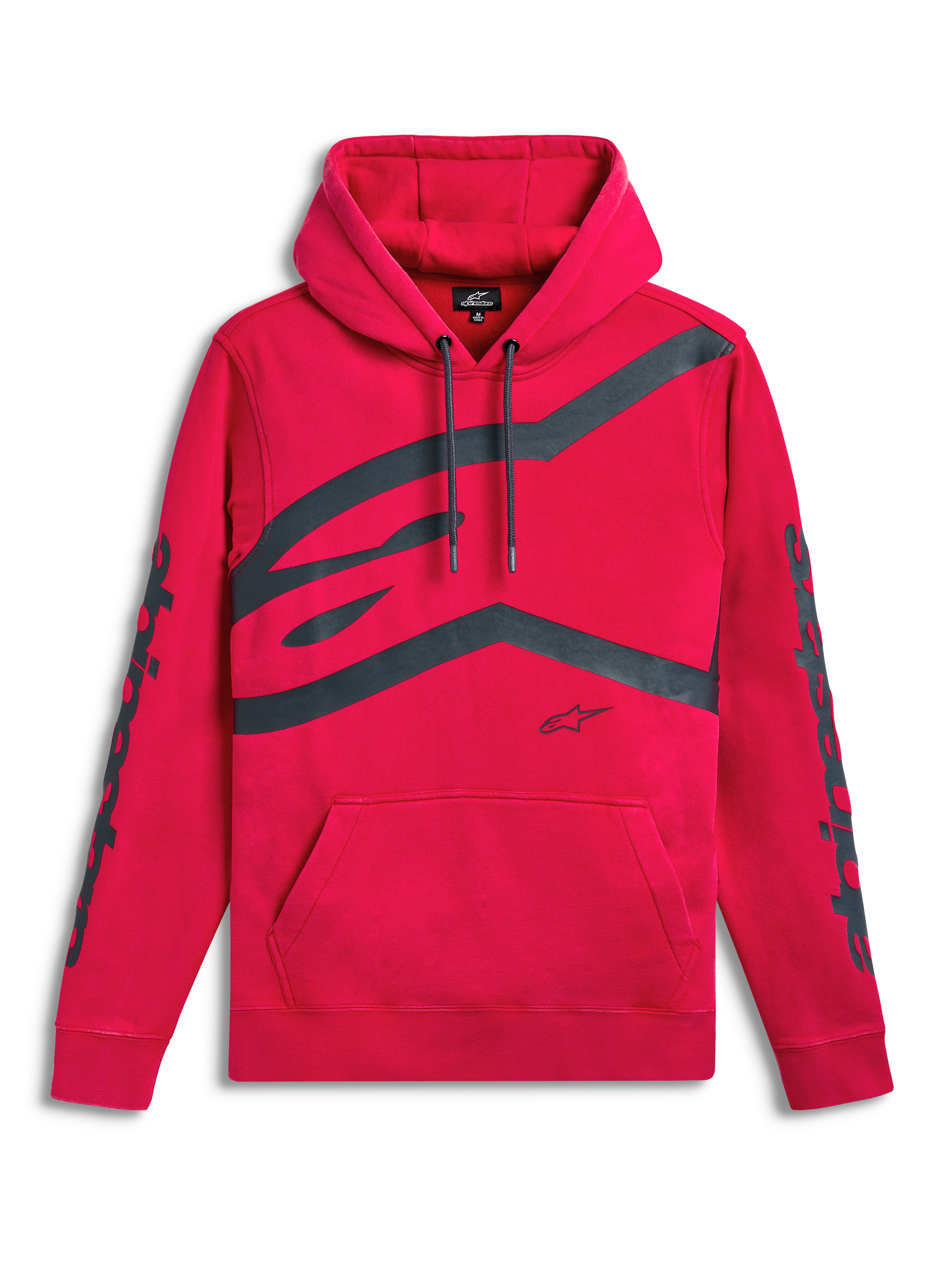 Alpinestars Unbound Hoodie, röd sporttröja med huva och känguruficka, extra stor logotyp på bröstet och textlogotyper på ärmarna