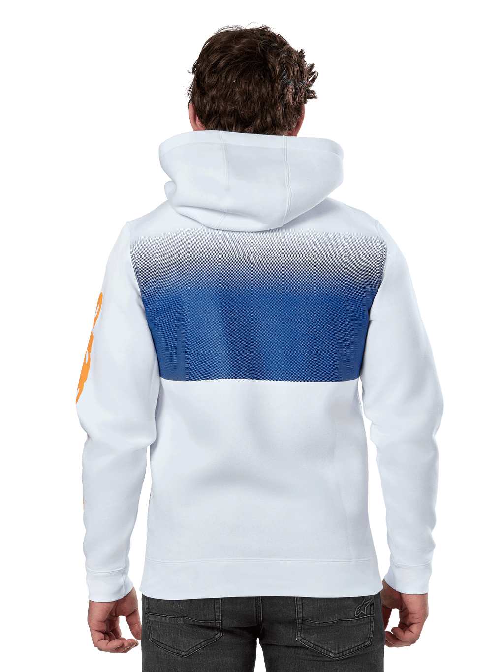 Alpinestars Specter Hoodie, vit, casual streetwear-huvtröja med ett blått tonat gradienttryck på ryggen, orange wordmark-logotyp på ärmen, sett bakifrån
