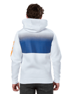 Alpinestars Specter Hoodie, vit, casual streetwear-huvtröja med ett blått tonat gradienttryck på ryggen, orange wordmark-logotyp på ärmen, sett bakifrån