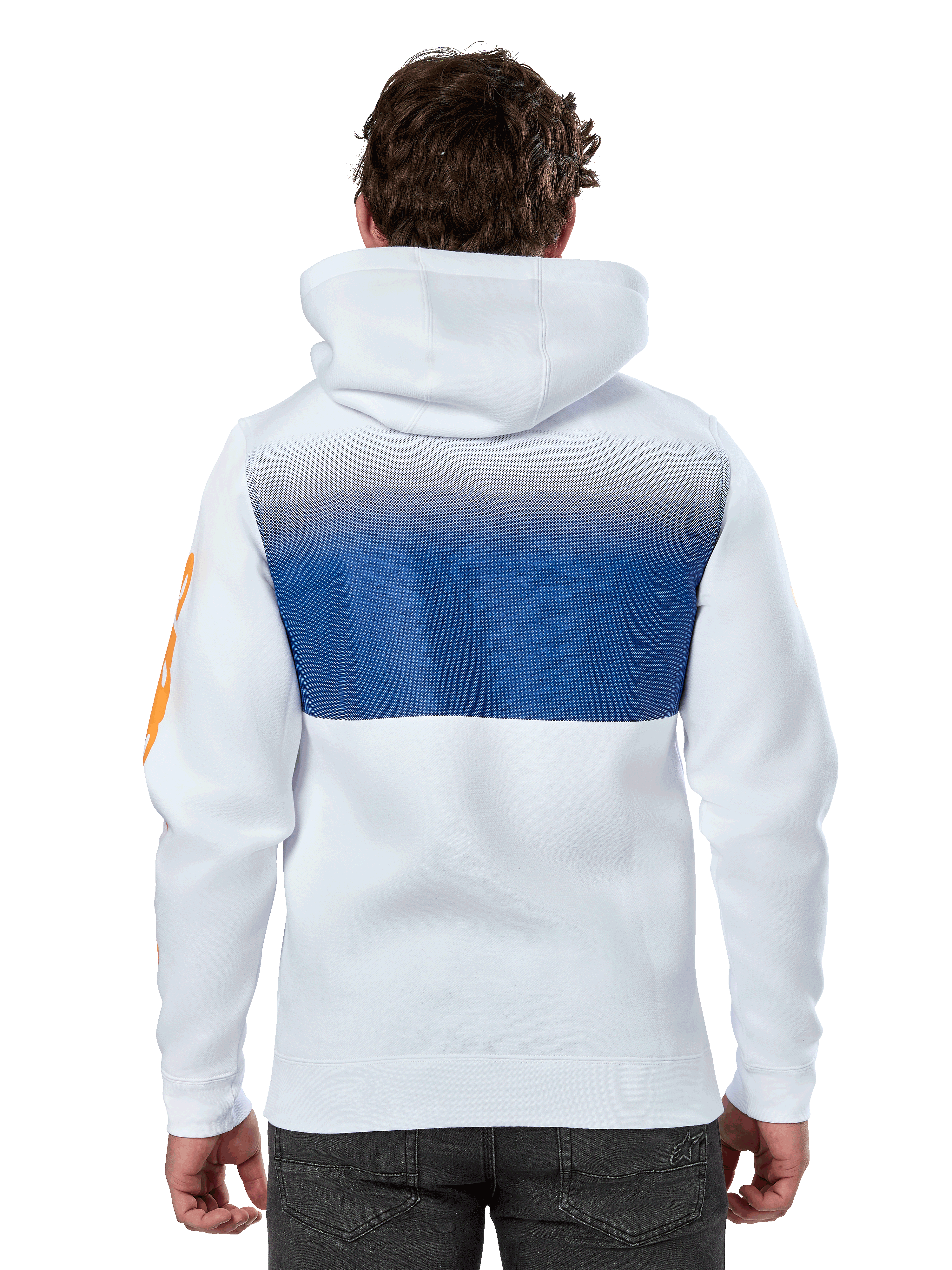 Alpinestars Specter Hoodie, vit, casual streetwear-huvtröja med ett blått tonat gradienttryck på ryggen, orange wordmark-logotyp på ärmen, sett bakifrån