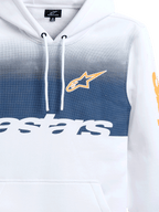 Alpinestars Specter Hoodie, vit med mörkblått gradienttryck, orange Alpinestars stjärnlogotyp och vit textlogotyp, vardaglig motorsportinspirerad streetwear-huvtröja i fleece med huva och dragsko