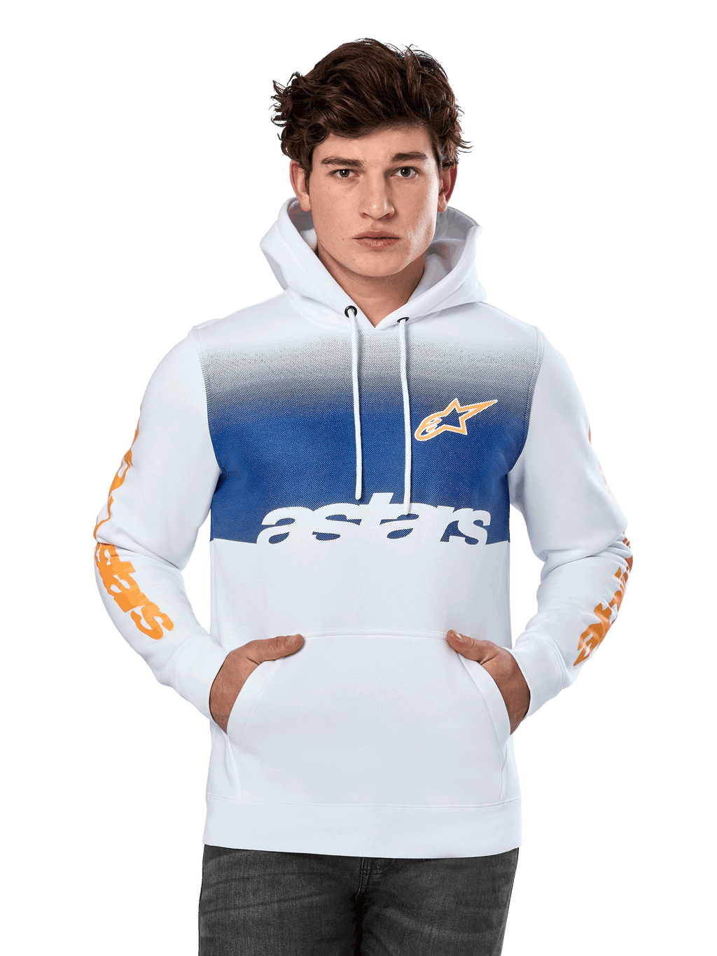 Alpinestars Specter Hoodie, vit med blåtonad bröstpanel, orange stjärnlogotyp och texttryck på ärmarna, vit astars-text, känguruficka fram, huva med dragsko, avslappnad motorsport-streetwear