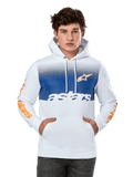 Alpinestars Specter Hoodie, vit med blåtonad bröstpanel, orange stjärnlogotyp och texttryck på ärmarna, vit astars-text, känguruficka fram, huva med dragsko, avslappnad motorsport-streetwear