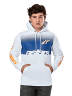 Alpinestars Specter Hoodie, vit med blåtonad bröstpanel, orange stjärnlogotyp och texttryck på ärmarna, vit astars-text, känguruficka fram, huva med dragsko, avslappnad motorsport-streetwear