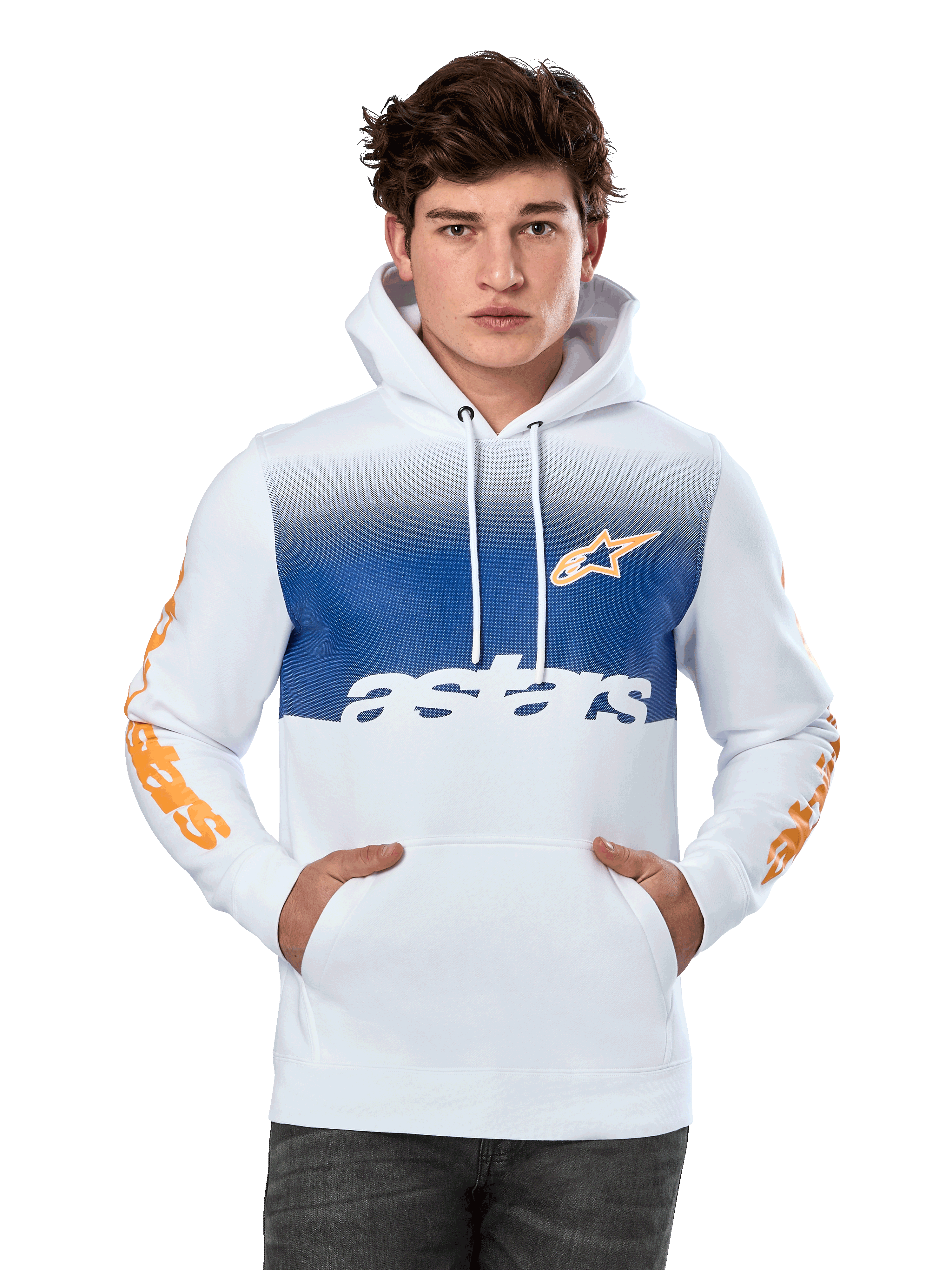 Alpinestars Specter Hoodie, vit med blåtonad bröstpanel, orange stjärnlogotyp och texttryck på ärmarna, vit astars-text, känguruficka fram, huva med dragsko, avslappnad motorsport-streetwear