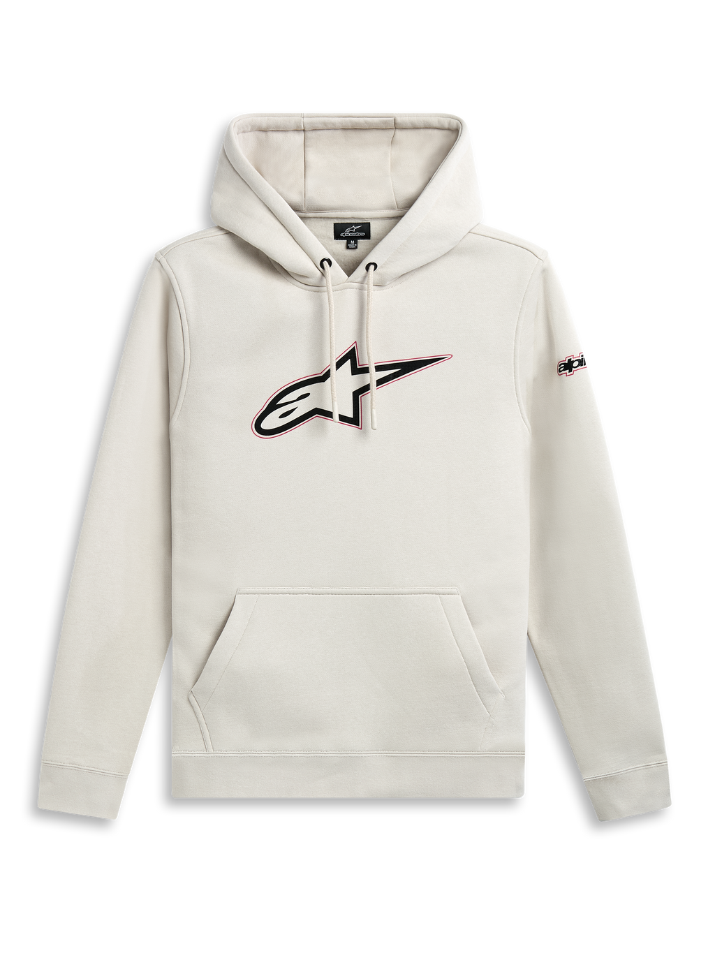 Alpinestars Insignia huvtröja, off white fleecehoodie med känguruficka och fram- och ärmlogotyper med röd kontur, bekväm streetwear