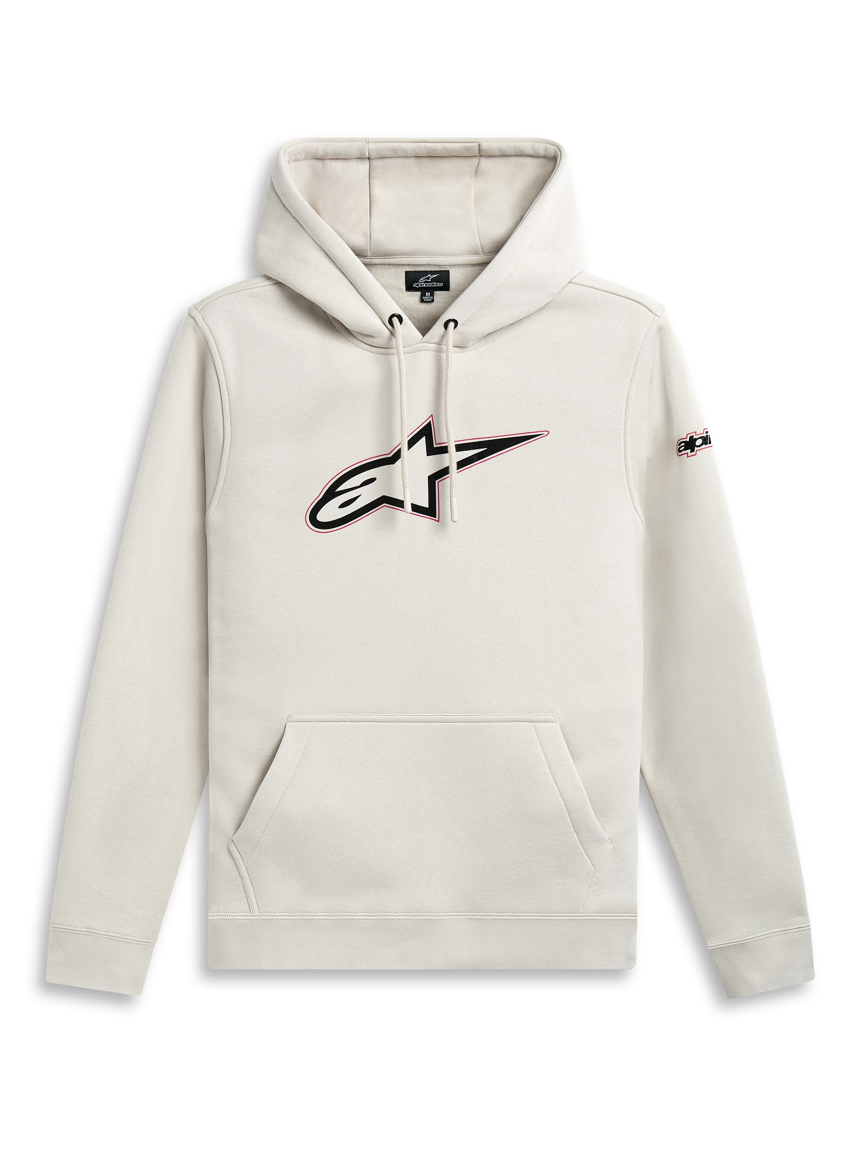 Alpinestars Insignia huvtröja, off white fleecehoodie med känguruficka och fram- och ärmlogotyper med röd kontur, bekväm streetwear