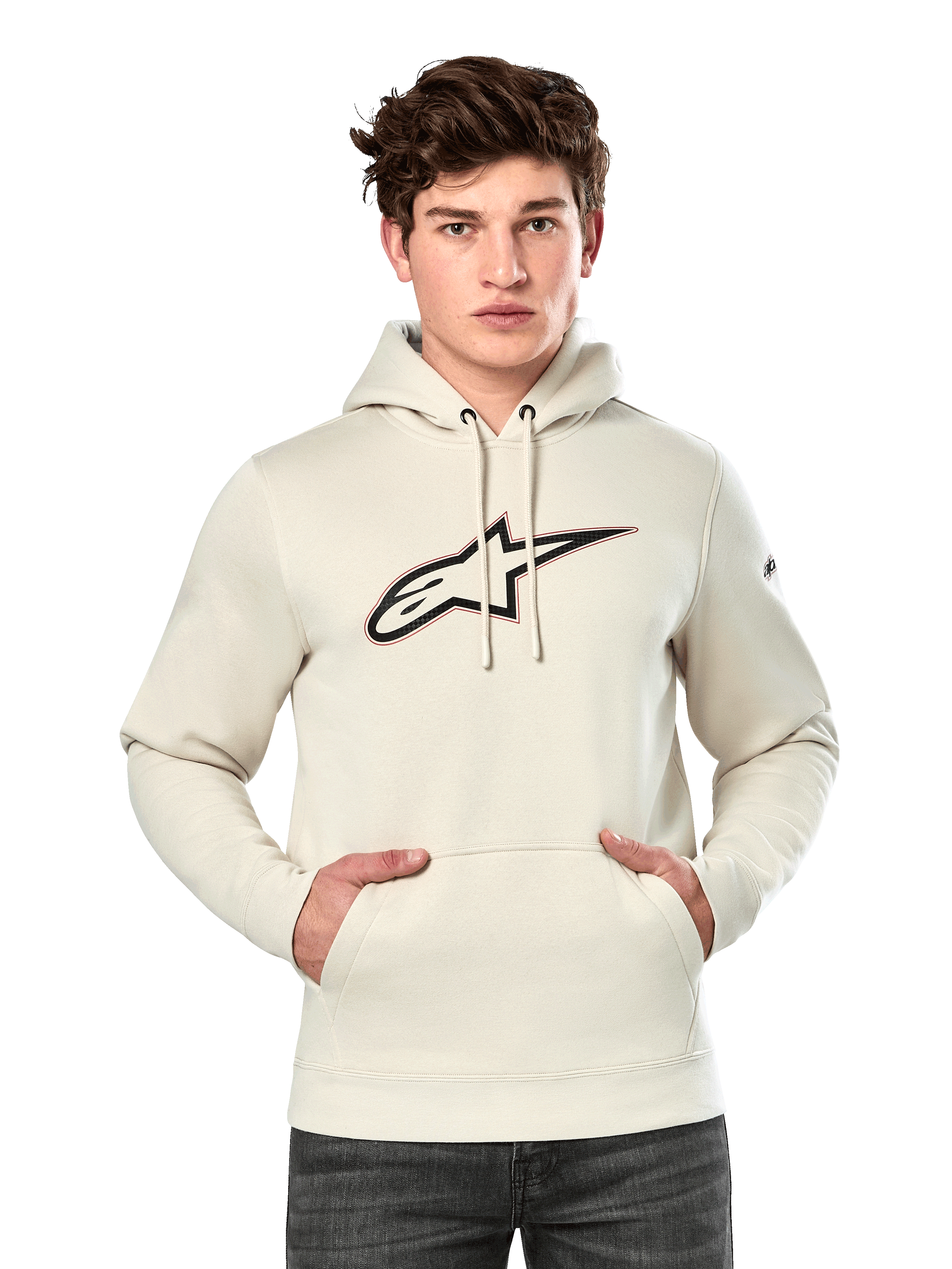 Alpinestars Insignia Hoodie, Off White pullover fleece, male model wearing hoodie with large carbon fiber look Alpinestars logo on chest featuring a red outline, kangaroo pocket, drawstring hood, casual motorsport-inspired streetwear