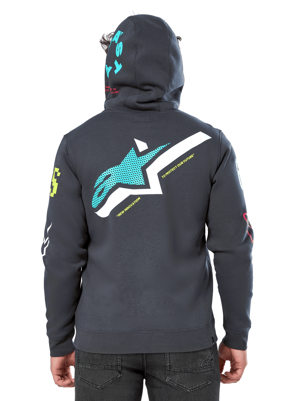 Alpinestars Variegate Hoodie, baksida, Gunmetal-grå, stor turkos och vit Astars-logotyp på ryggen med 'New Innovation'-text, turkos 'Astars'-grafik på huvan, färgglada logotyper på ärmarna, avslappnad motorsport-streetwear