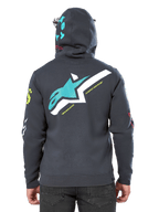 Alpinestars Variegate Hoodie, baksida, Gunmetal-grå, stor turkos och vit Astars-logotyp på ryggen med 'New Innovation'-text, turkos 'Astars'-grafik på huvan, färgglada logotyper på ärmarna, avslappnad motorsport-streetwear