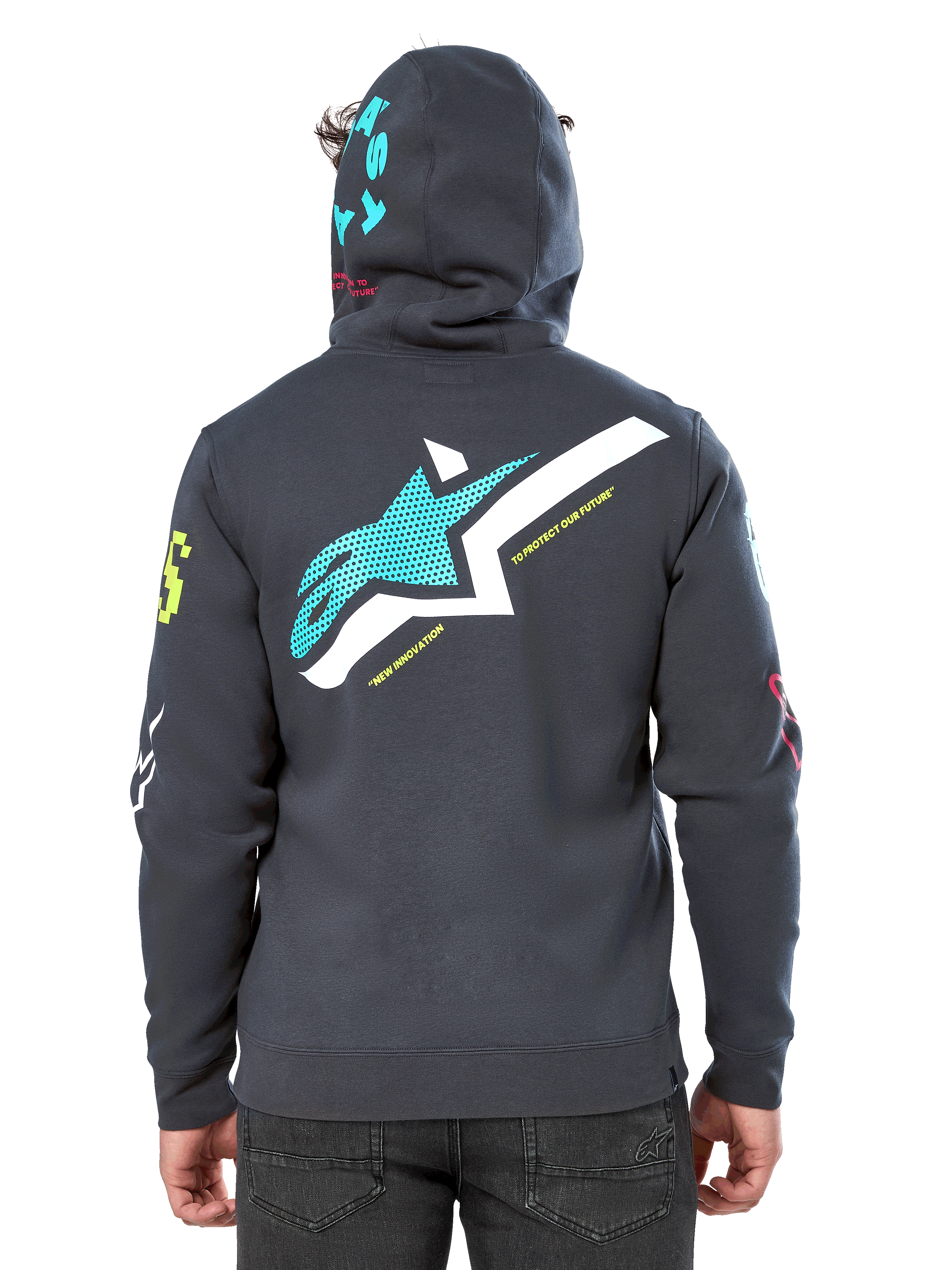 Alpinestars Variegate Hoodie, baksida, Gunmetal-grå, stor turkos och vit Astars-logotyp på ryggen med 'New Innovation'-text, turkos 'Astars'-grafik på huvan, färgglada logotyper på ärmarna, avslappnad motorsport-streetwear
