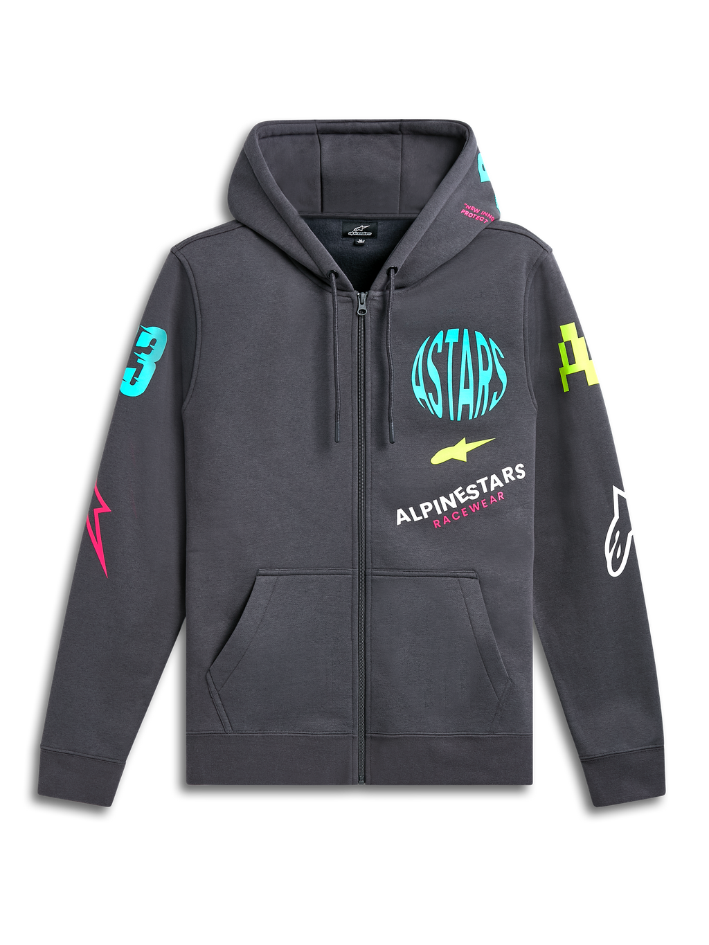 Alpinestars Variegate Hoodie, fleecehoodie med dragkedja framtill, Gunmetal-grå, livfulla neonlogotyper på bröst och ärmar, känguruficka, huva med dragsko, avslappnat motorsport-inspirerat streetwear