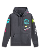 Alpinestars Variegate Hoodie, fleecehoodie med dragkedja framtill, Gunmetal-grå, livfulla neonlogotyper på bröst och ärmar, känguruficka, huva med dragsko, avslappnat motorsport-inspirerat streetwear