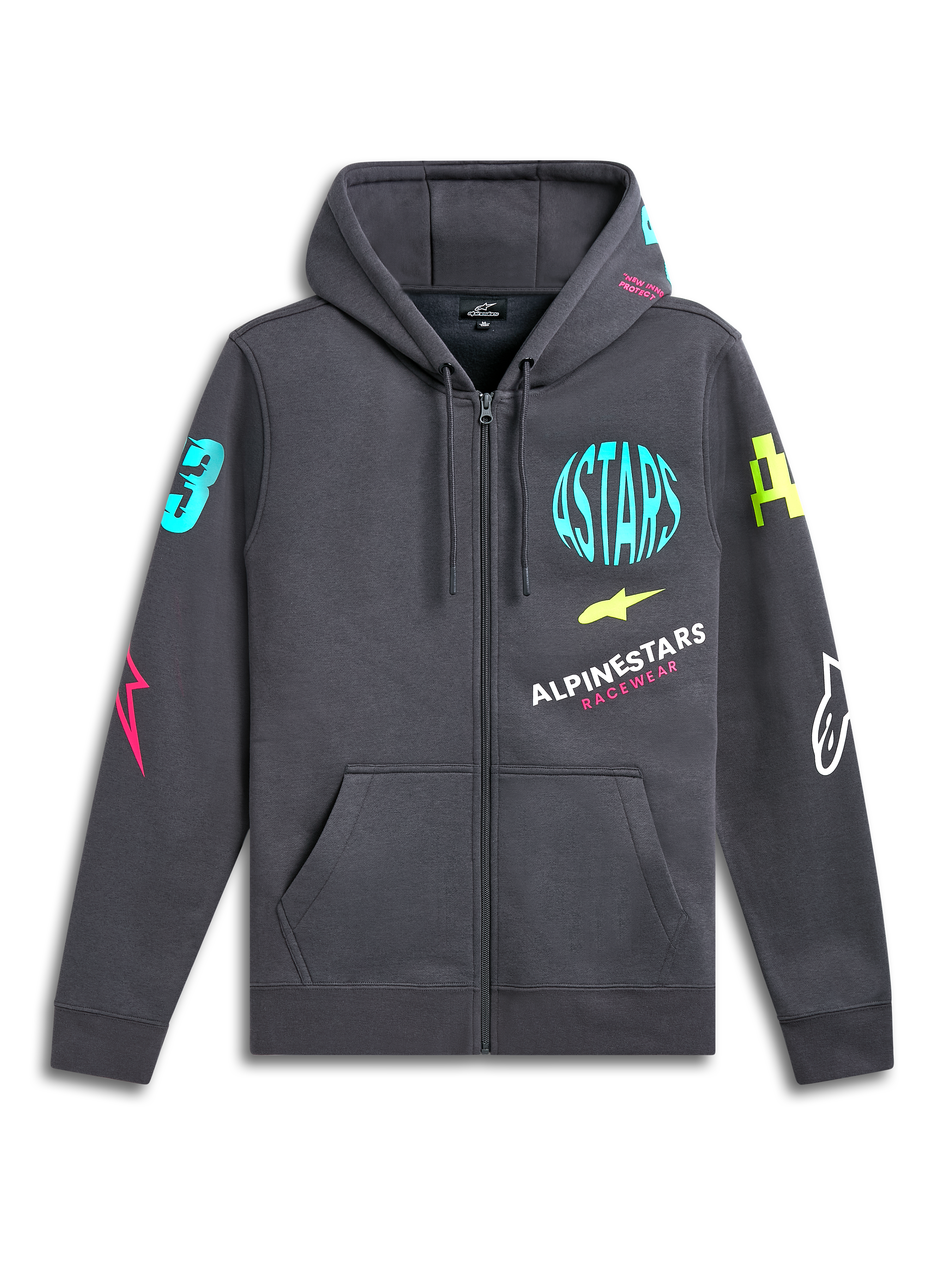 Alpinestars Variegate Hoodie, fleecehoodie med dragkedja framtill, Gunmetal-grå, livfulla neonlogotyper på bröst och ärmar, känguruficka, huva med dragsko, avslappnat motorsport-inspirerat streetwear
