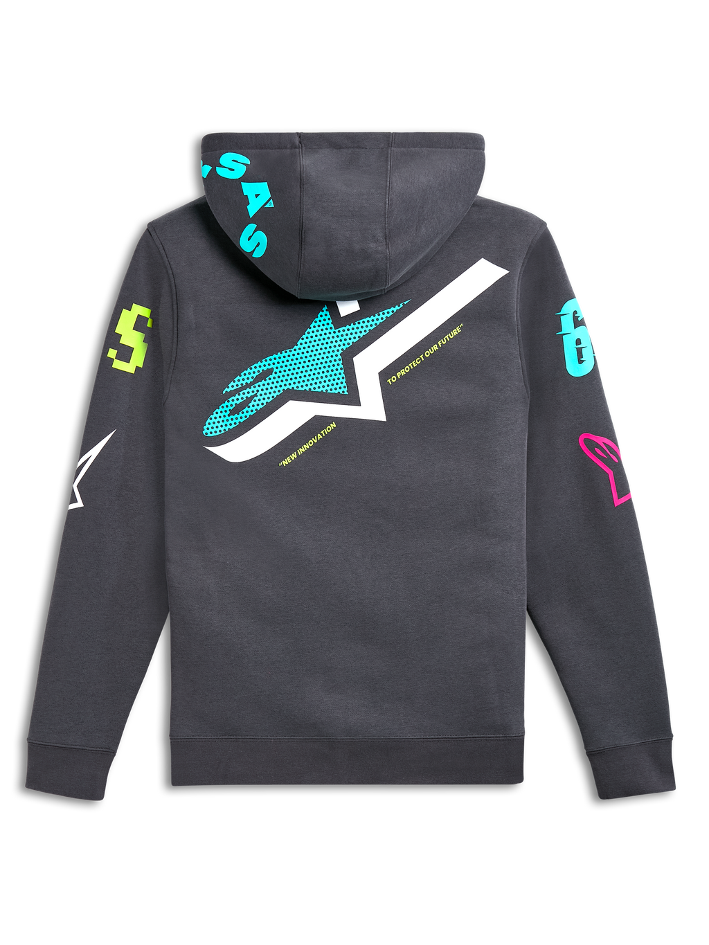 Alpinestars Variegate Hoodie, vy bakifrån, gunmetal-grå med stor blågrön och vit stjärnlogotyp, livfulla flerfärgade grafiska logotyper på ärmar och huva, avslappnad motorsport-inspirerad streetwear