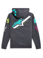 Alpinestars Variegate Hoodie, vy bakifrån, gunmetal-grå med stor blågrön och vit stjärnlogotyp, livfulla flerfärgade grafiska logotyper på ärmar och huva, avslappnad motorsport-inspirerad streetwear