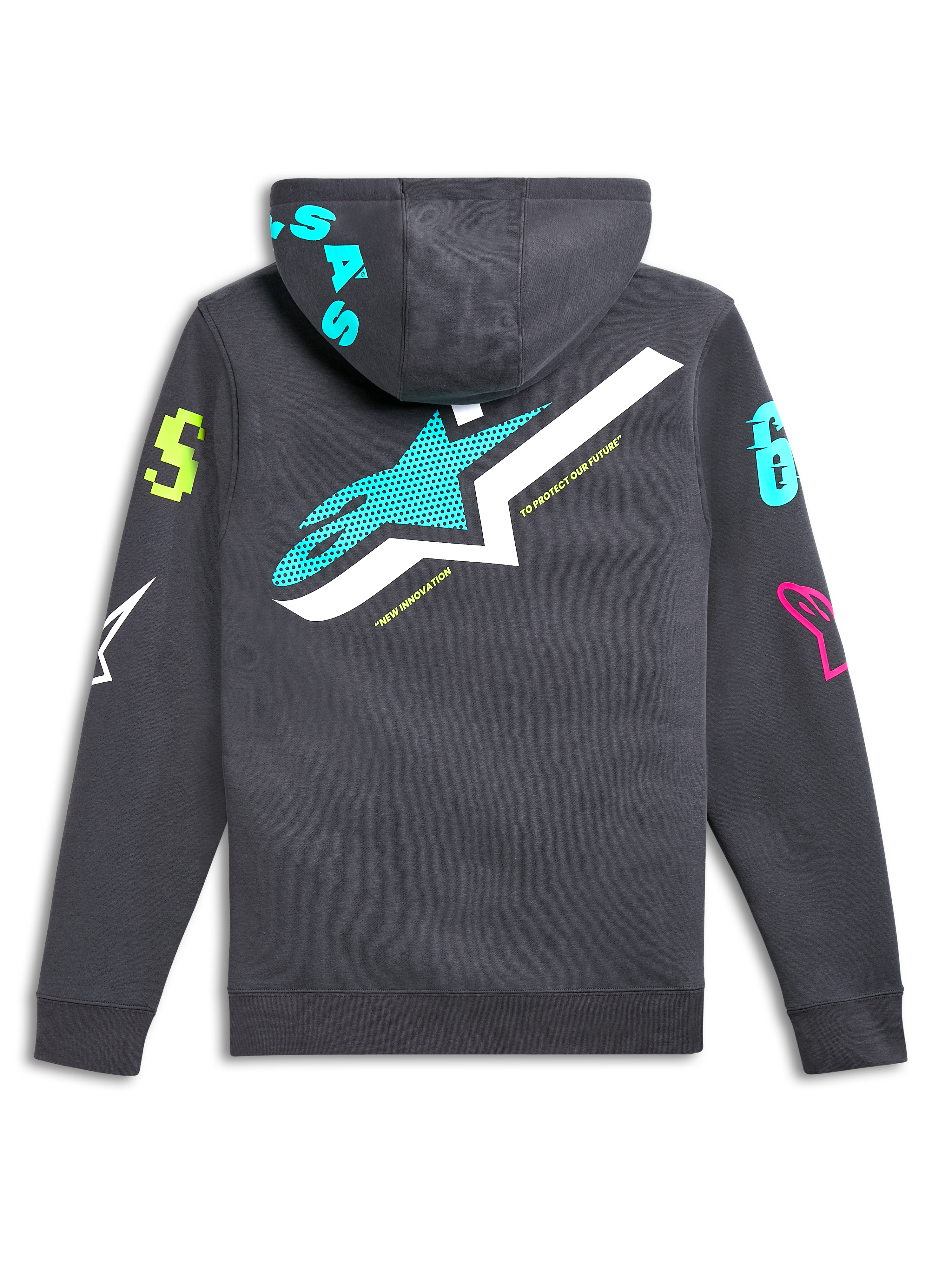 Alpinestars Variegate Hoodie, vy bakifrån, gunmetal-grå med stor blågrön och vit stjärnlogotyp, livfulla flerfärgade grafiska logotyper på ärmar och huva, avslappnad motorsport-inspirerad streetwear