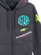 Alpinestars Variegate Huvtröja, fleecehoodie med dragkedja fram, gunmetal-grå med flerfärgade logotyper, ljusblå ASTARS-cirkel, limegröna accenter och rosa text, avslappnad motorsport-streetwear