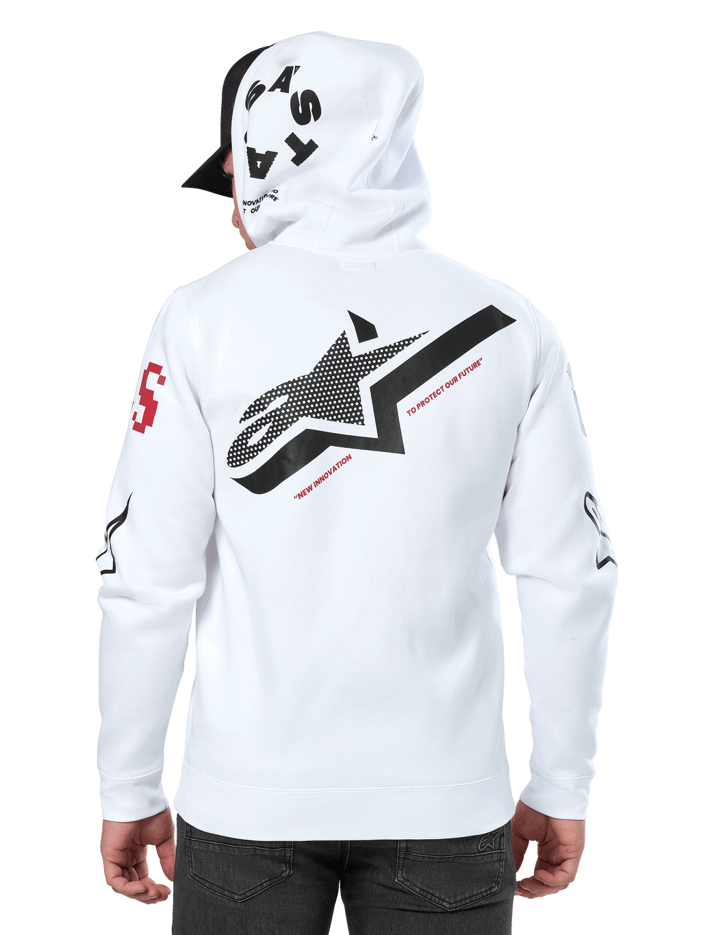 Alpinestars Variegate Hoodie, vit, baksida med en stor svart stjärnlogotyp med röd text, grafik med flera logotyper på ärmar och huva, casual motorsport-streetwear
