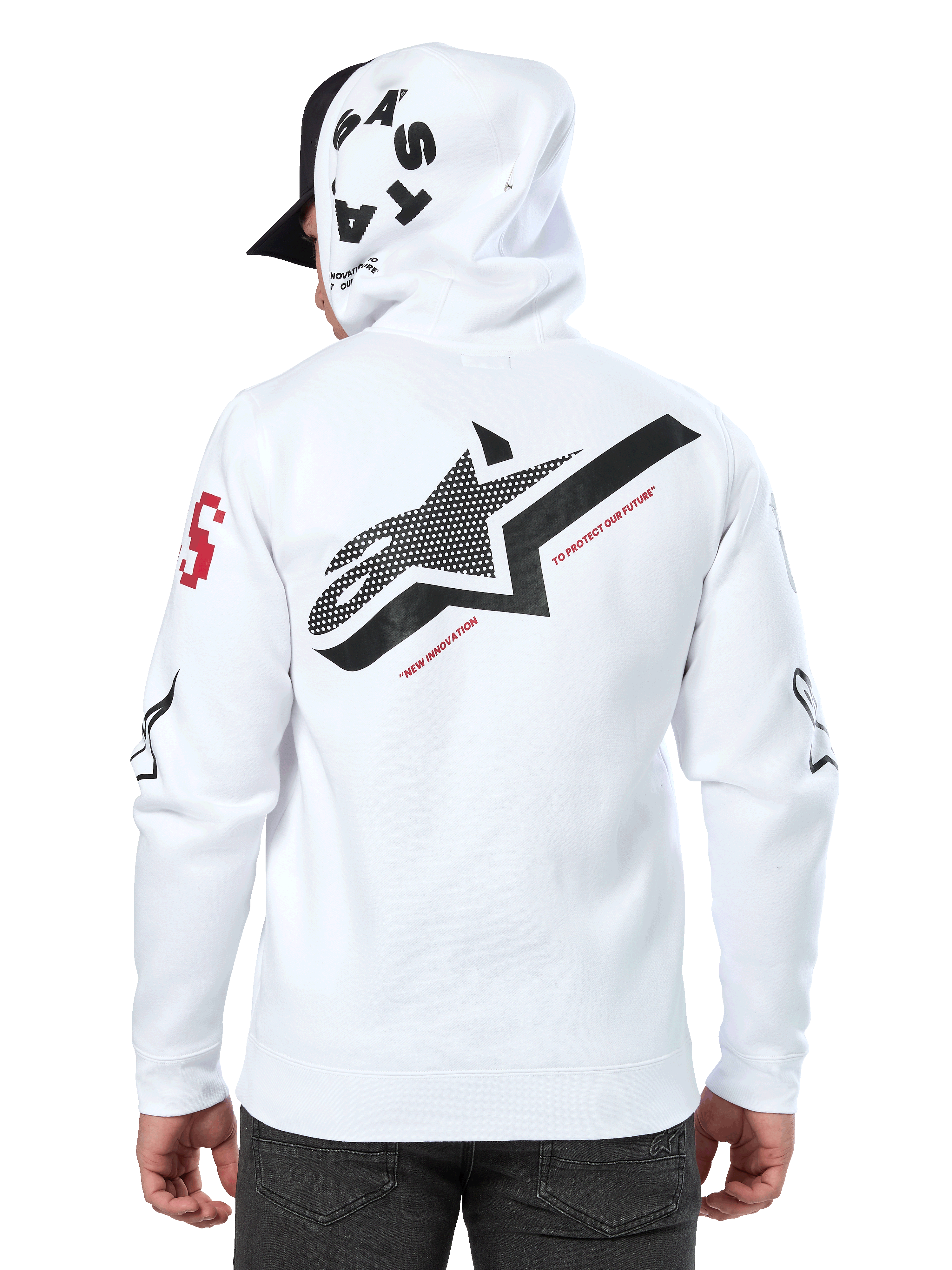 Alpinestars Variegate Hoodie, vit, baksida med en stor svart stjärnlogotyp med röd text, grafik med flera logotyper på ärmar och huva, casual motorsport-streetwear
