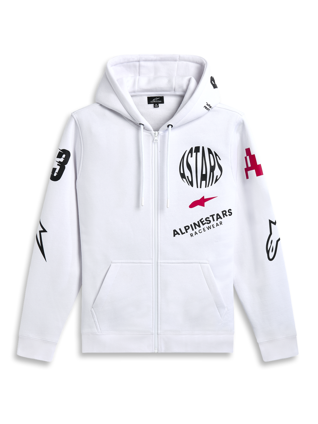 Alpinestars Variegate Hoodie, fleecehoodie med dragkedja fram, vit, grafik med flera logotyper med svart cirkulär ASTARS-text och röd stjärnlogotyp på bröstet, grafik på ärmarna, kängurufickor och huva med dragsko, avslappnad motorsport-streetwear