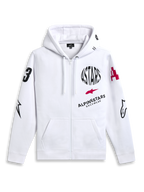 Alpinestars Variegate Hoodie, fleecehoodie med dragkedja fram, vit, grafik med flera logotyper med svart cirkulär ASTARS-text och röd stjärnlogotyp på bröstet, grafik på ärmarna, kängurufickor och huva med dragsko, avslappnad motorsport-streetwear