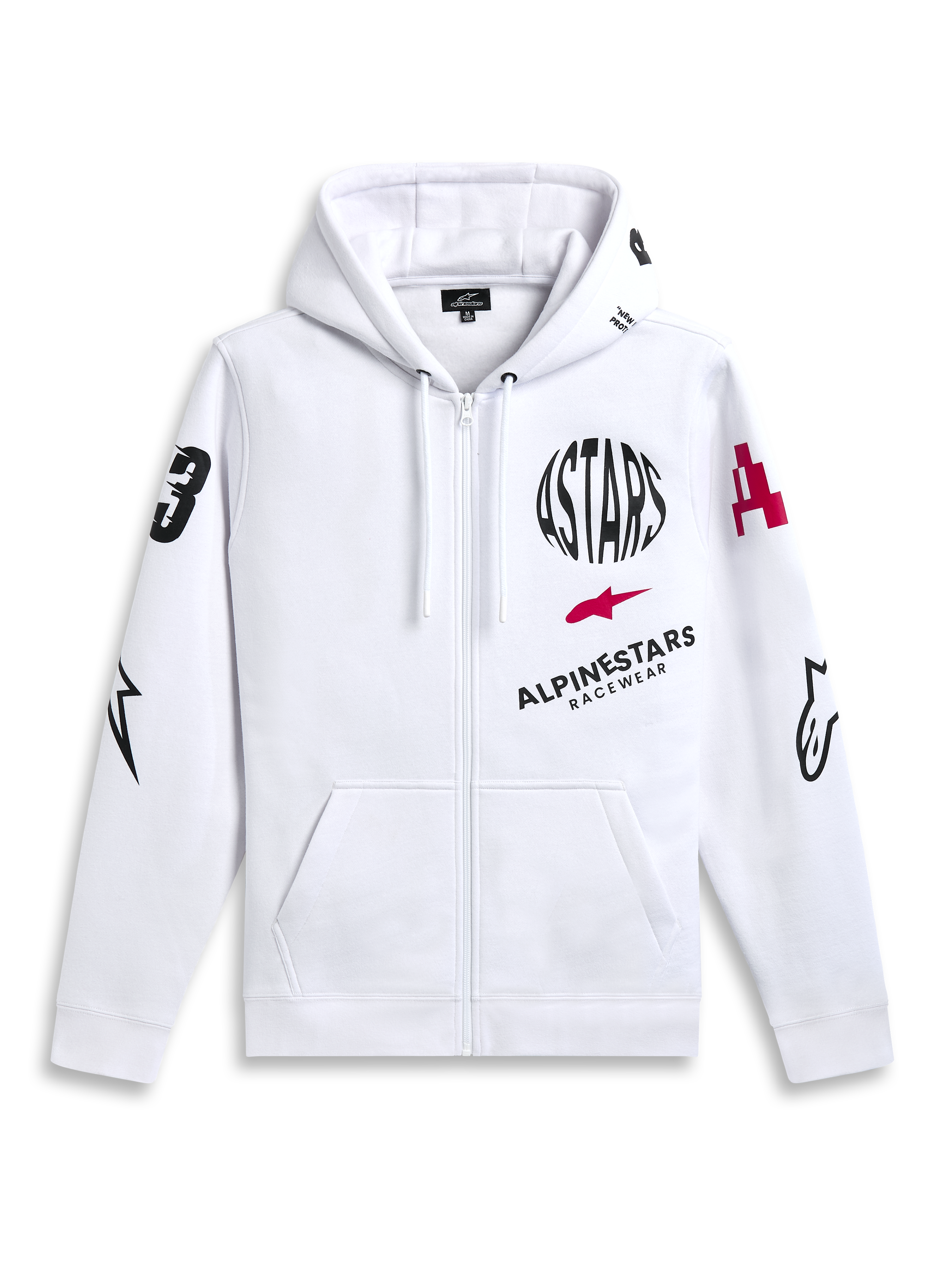 Alpinestars Variegate Hoodie, fleecehoodie med dragkedja fram, vit, grafik med flera logotyper med svart cirkulär ASTARS-text och röd stjärnlogotyp på bröstet, grafik på ärmarna, kängurufickor och huva med dragsko, avslappnad motorsport-streetwear