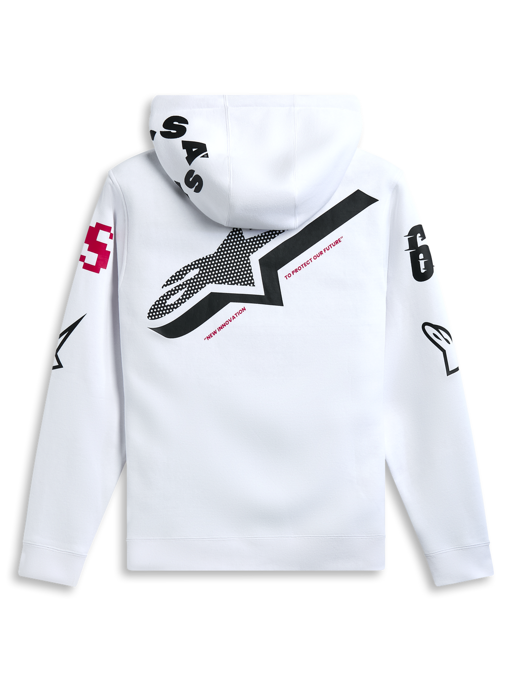 Alpinestars Variegate Hoodie, vit, baksida med stor svart stjärnlogotyp och röd 'New Innovation'-text, grafik med flera logotyper på ärmar och huva, avslappnat motorsportinspirerat streetwear