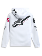 Alpinestars Variegate Hoodie, vit, baksida med stor svart stjärnlogotyp och röd 'New Innovation'-text, grafik med flera logotyper på ärmar och huva, avslappnat motorsportinspirerat streetwear