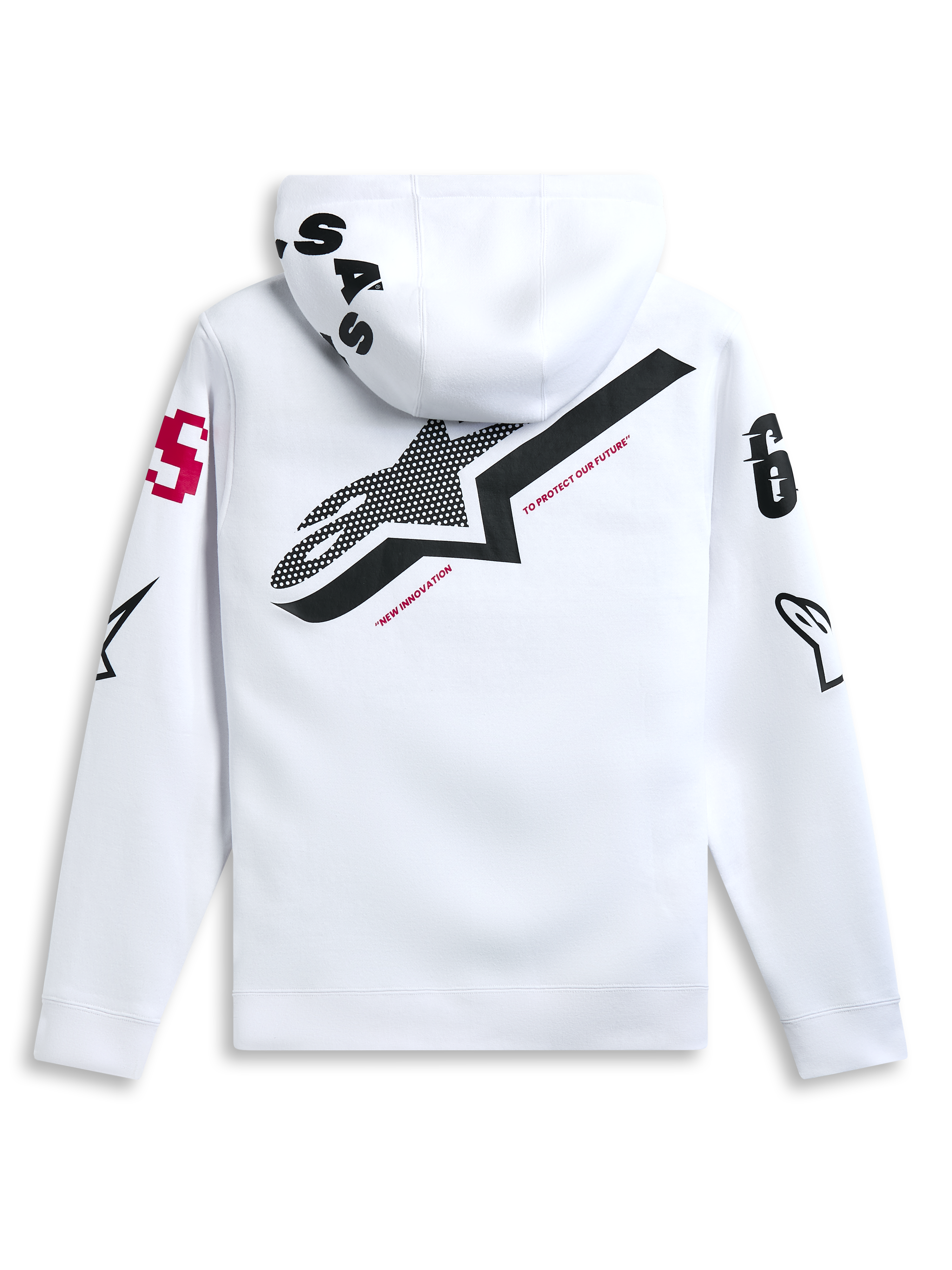 Alpinestars Variegate Hoodie, vit, baksida med stor svart stjärnlogotyp och röd 'New Innovation'-text, grafik med flera logotyper på ärmar och huva, avslappnat motorsportinspirerat streetwear
