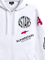 Alpinestars Variegate Hoodie, vit fleecehoodie med dragkedja fram, med cirkulär svart ASTARS-logotyp, röd stjärnsymbol och Alpinestars Racewear-märkning på bröstet, casual motorsport-streetwear