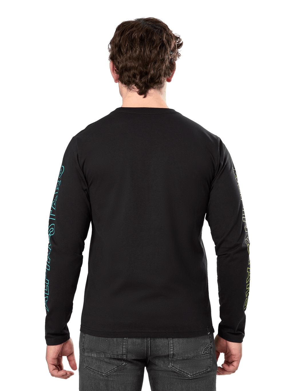 Alpinestars Ayess Csf Tee, långärmad t-shirt, svart, vy bakifrån som visar blå och gul tryckt grafik på ärmarna, casual motorsport streetwear