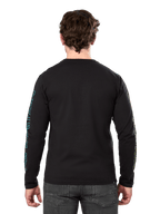 Alpinestars Ayess Csf Tee, långärmad t-shirt, svart, vy bakifrån som visar blå och gul tryckt grafik på ärmarna, casual motorsport streetwear