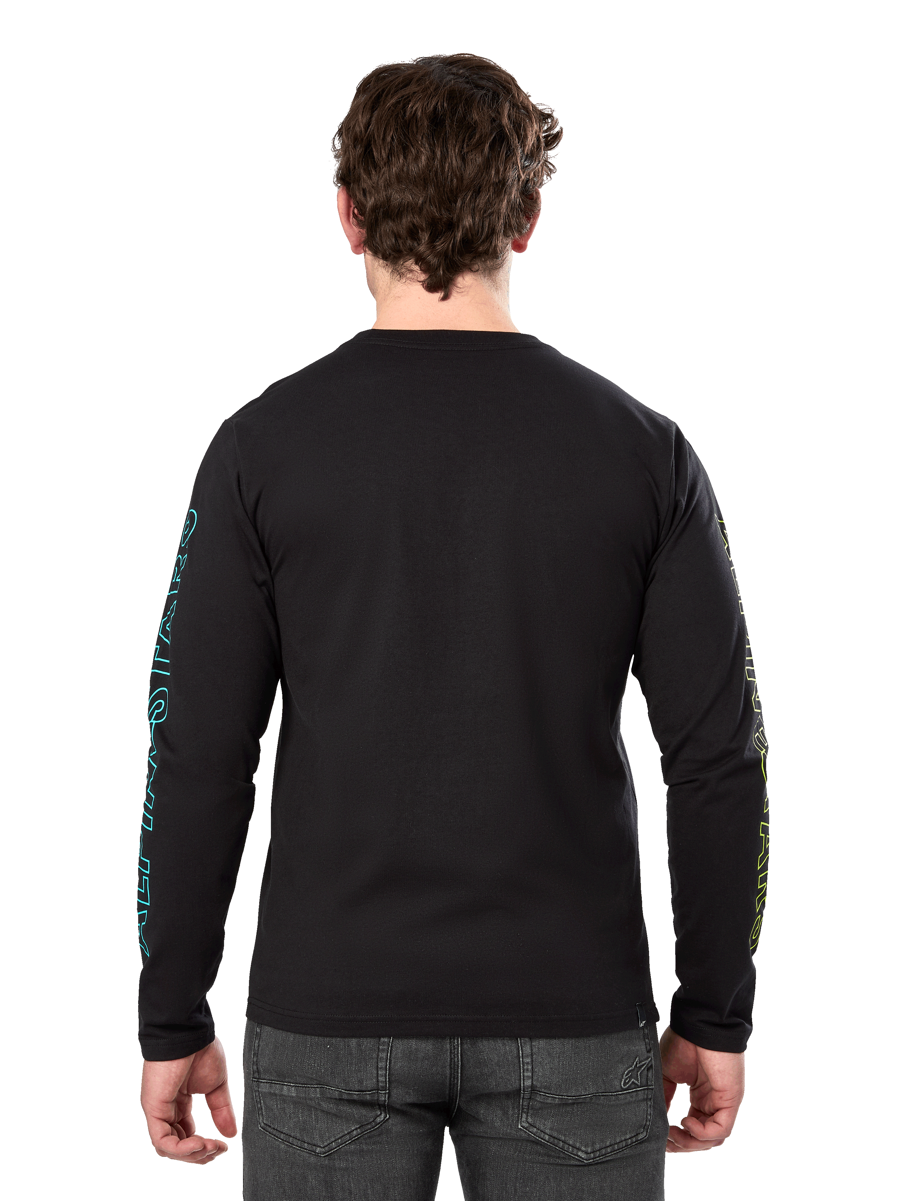 Alpinestars Ayess Csf Tee, långärmad t-shirt, svart, vy bakifrån som visar blå och gul tryckt grafik på ärmarna, casual motorsport streetwear