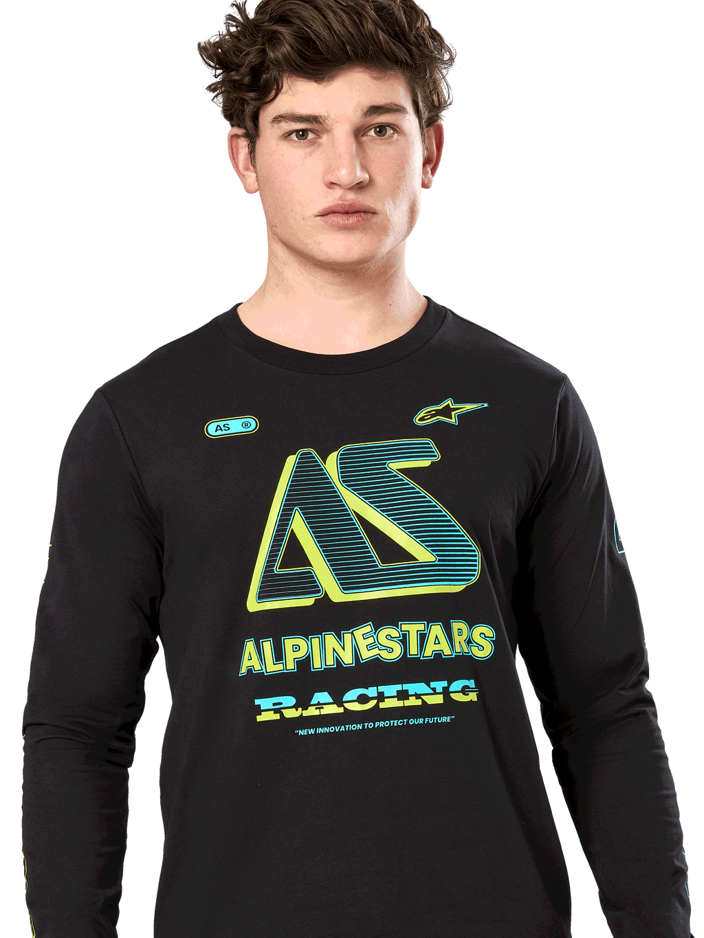 Alpinestars Ayess Csf Tee, långärmad t-shirt, svart, stiliserad AS-grafik med neongula och turkosa detaljer, ALPINESTARS RACING-logotyp, avslappnad motorsport-streetwear