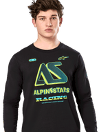 Alpinestars Ayess Csf Tee, långärmad t-shirt, svart, stiliserad AS-grafik med neongula och turkosa detaljer, ALPINESTARS RACING-logotyp, avslappnad motorsport-streetwear