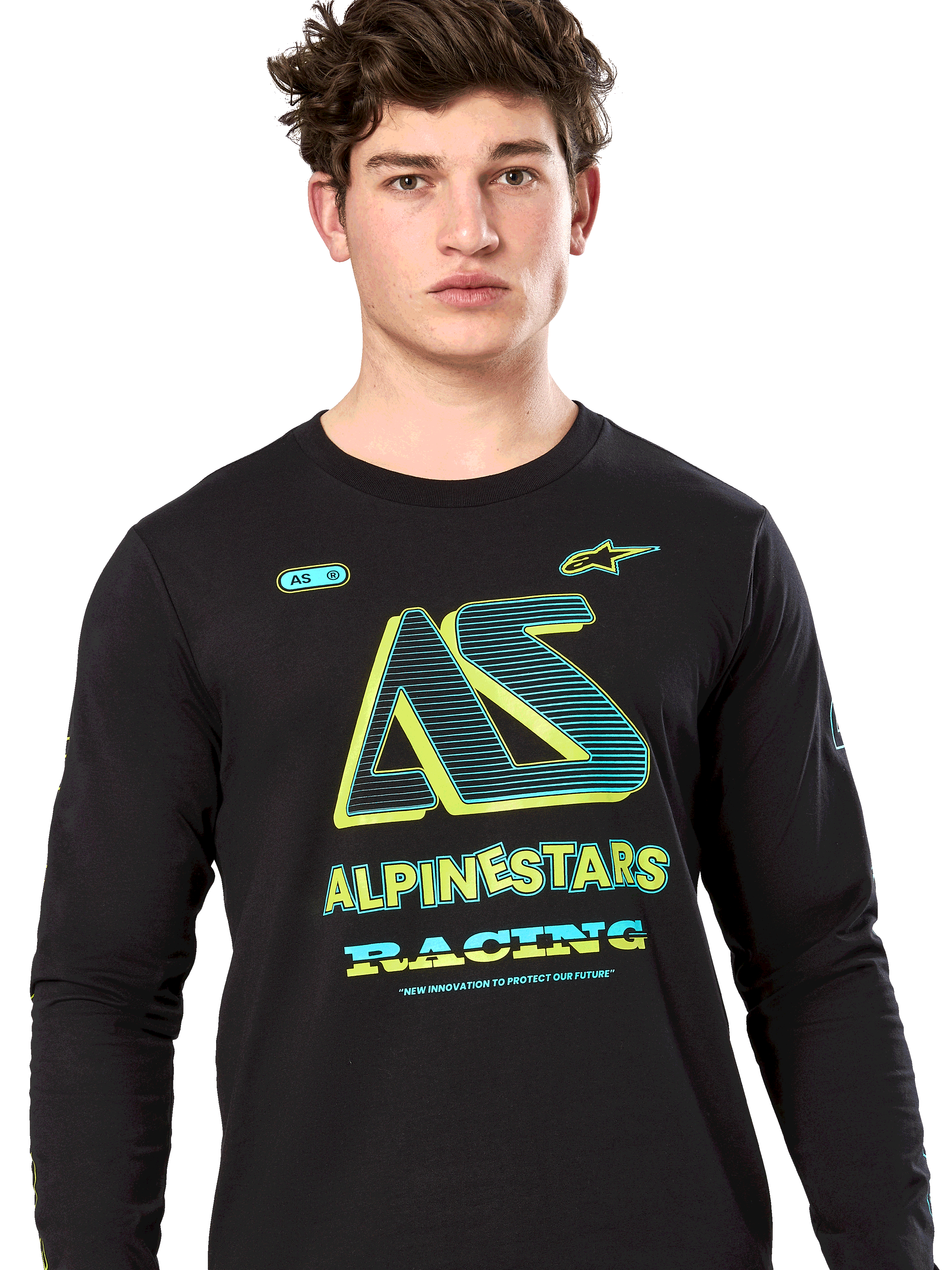 Alpinestars Ayess Csf Tee, långärmad t-shirt, svart, stiliserad AS-grafik med neongula och turkosa detaljer, ALPINESTARS RACING-logotyp, avslappnad motorsport-streetwear