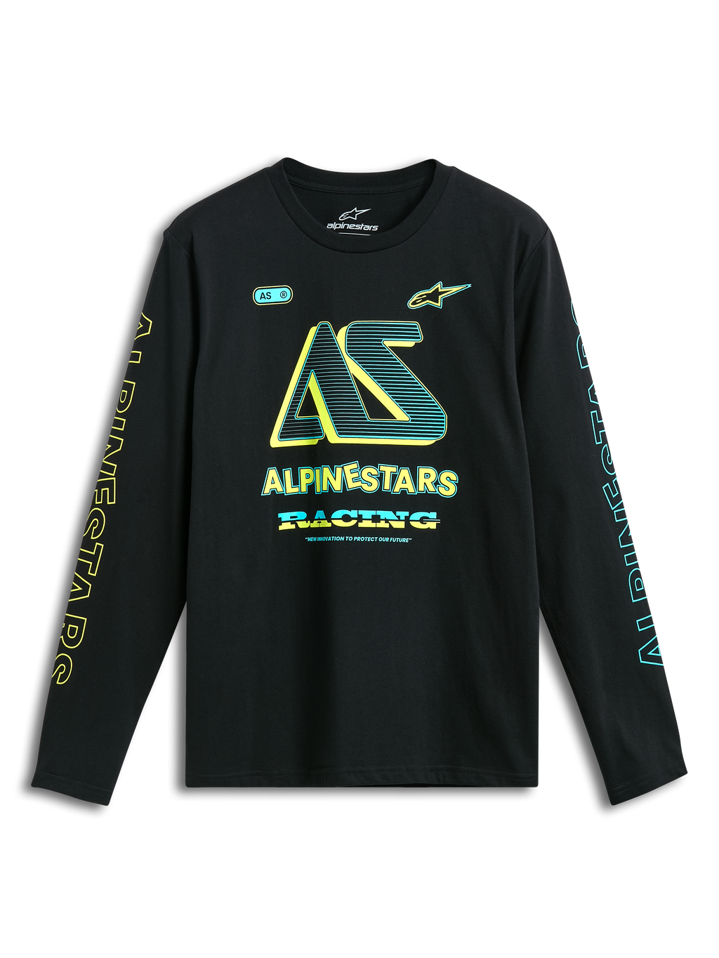 Alpinestars Ayess CSF långärmad t-shirt, svart långärmad vardagströja med gula och blå logotypgrafik på bröst och ärmar