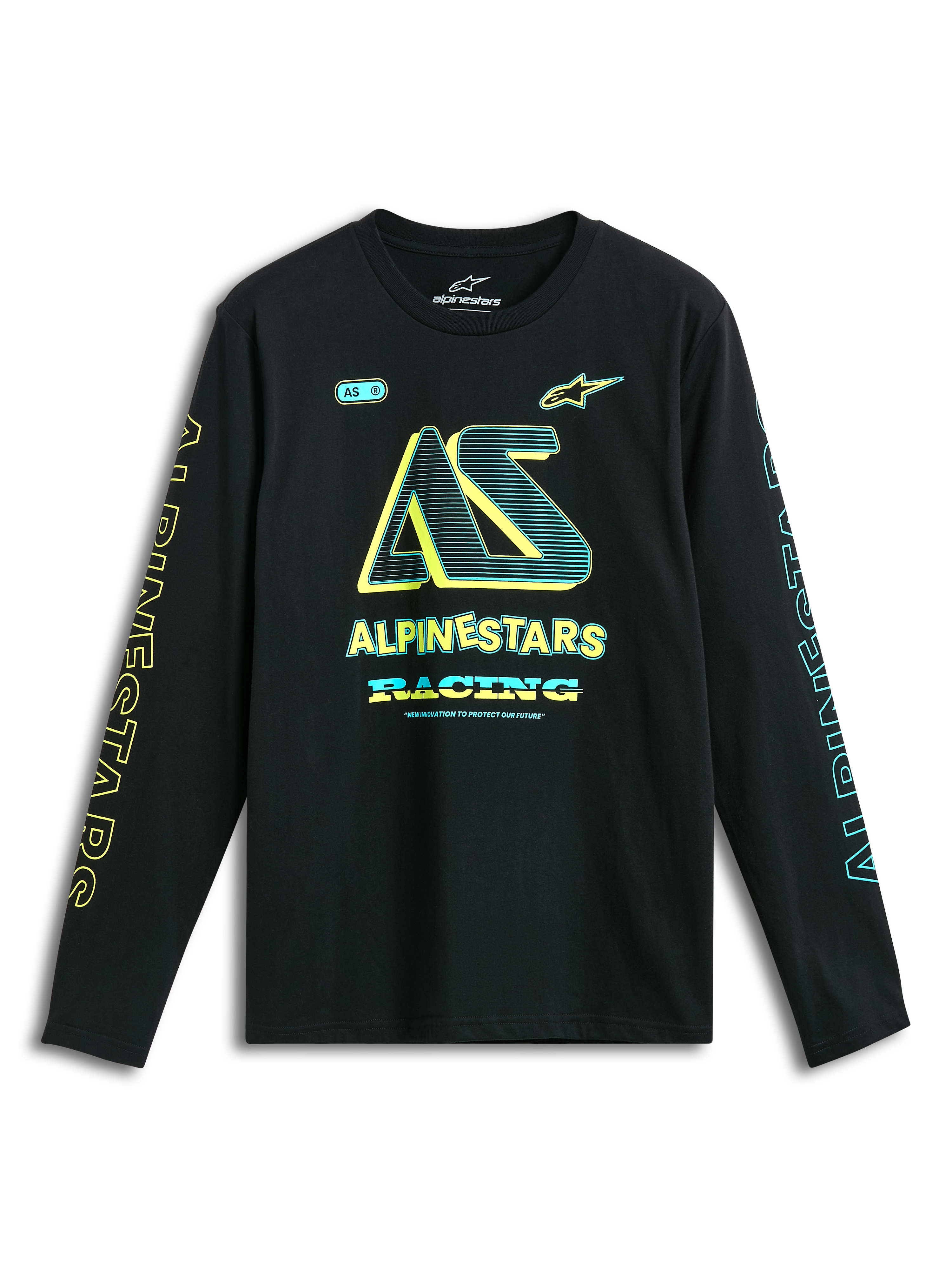 Alpinestars Ayess CSF långärmad t-shirt, svart långärmad vardagströja med gula och blå logotypgrafik på bröst och ärmar