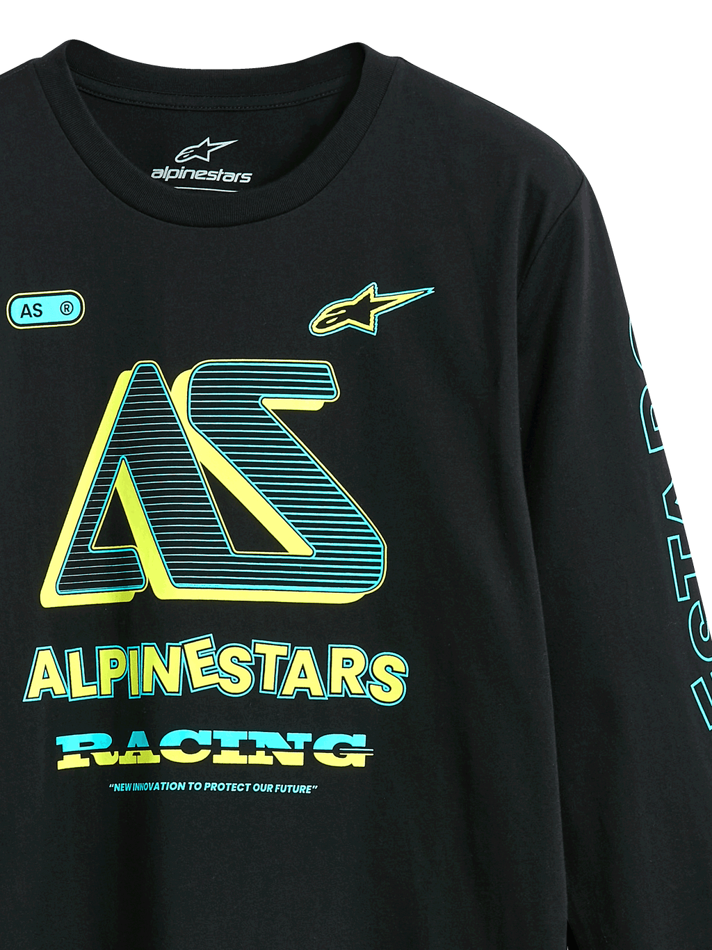 Alpinestars Ayess CSF Tee, långärmad t-shirt, svart, grafik på framsidan med 'AS'-logotyp och 'Alpinestars Racing' i gult och cyan, avslappnad motorsportinspirerad streetwear