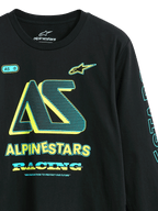 Alpinestars Ayess CSF Tee, långärmad t-shirt, svart, grafik på framsidan med 'AS'-logotyp och 'Alpinestars Racing' i gult och cyan, avslappnad motorsportinspirerad streetwear